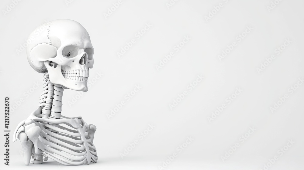 Poster realistic 3d render of human skeleton model displaying anatomical structure and features on plain ba