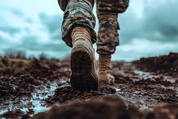 Soldier s Boots Traversing Mud and Terrain Military Action Combat Boots