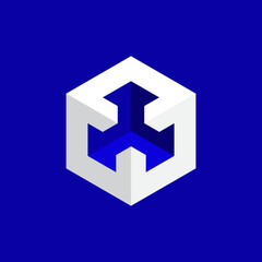 Optical illusion of an isometric cube with the core removed. Big cube absorbing small cube Stylish vector 3D, icon, emblem, element.