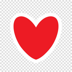 Sticker of a red paper heart with a white outline on a transparent background. The red heart icon. The concept of celebrating February 14th. Vector EPS 10.