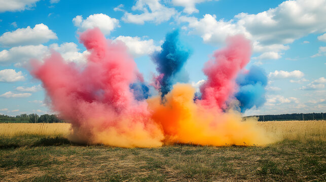 Colorful smoke illustration, daytime fireworks, colorful fireworks at nature, summer day, sunny day 
