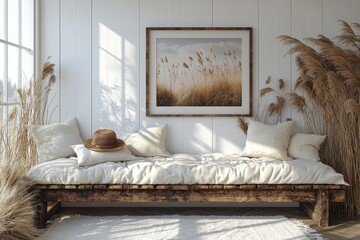 Decorative bench placed in a home interior setting. Stock