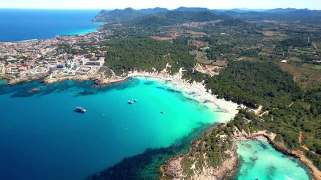 Mallorca (Majorca) island. best scenic beaches - Agulla with crystal turquoise sea. aerial drone 4k hd video. Spain
