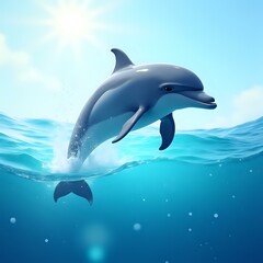 Fototapeta premium A digitally rendered image of a dolphin leaping out of the water with a bright sun in the background.