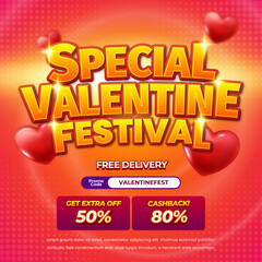 Special Valentine Festival Banner with Glowing Hearts, Discounts and Free Delivery Promo Exclusive Halftone Banner 