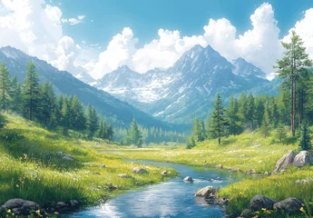 Fototapeten A watercolor depiction of a spring landscape featuring trees, flowers, and a meadow © Mark