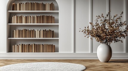 A neat white bookshelf with meticulously arranged books and barely any decor