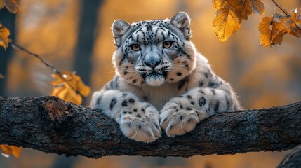 Snow leopard autumn forest branch wildlife portrait