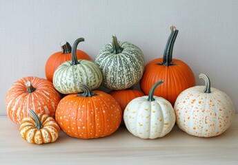 A Vibrant Display of Varied Pumpkins Featuring Unique Colors and Shapes Perfect for Autumn and Halloween Decorations and Seasonal Festivities