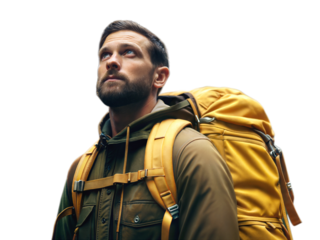 Man with yellow backpack, hiker, adventure and lifestyle concept, isolated on transparent background	