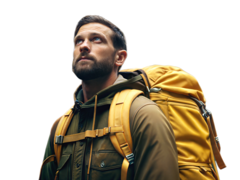 Man with yellow backpack, hiker, adventure and lifestyle concept, isolated on transparent background	