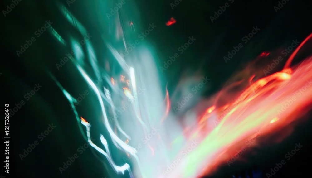 Poster ethereal neon light streaks in motion over dark background for abstract designs, futuristic themes, 
