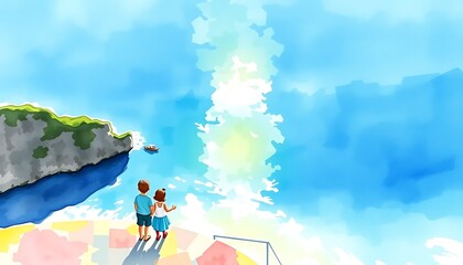 Fototapeta premium Watercolor of two people sitting on a cliff, overlooking a coastal scene with turquoise ocean, sandy beach, white boats, distant mountains, and colorful flowers in a dreamy atmosphere