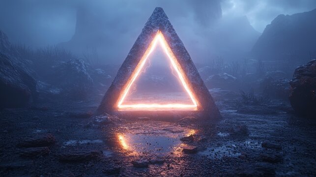 Surreal wallpaper featuring a fantastic background with blue rocks, mountains, and a triangular portal is brought to life with a 3D render