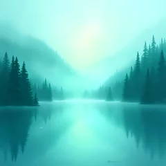  A serene landscape features a tranquil lake with a foggy atmosphere and a forest of pine trees on either side, under a pale blue sky. © Majibar