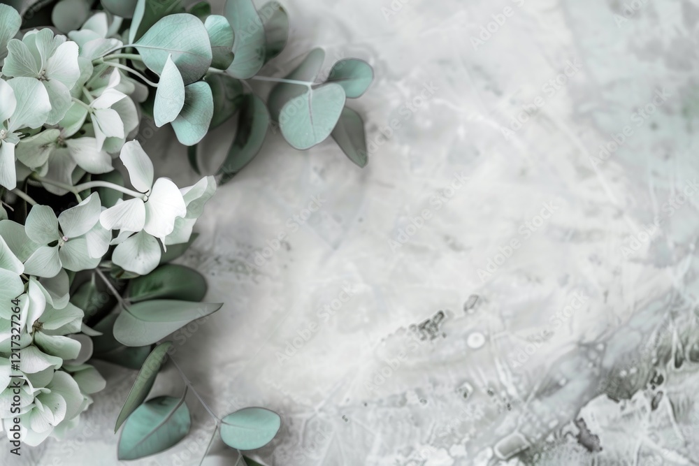 Poster a bouquet of white flowers with green leaves is placed on a grey surface. the flowers are arranged i