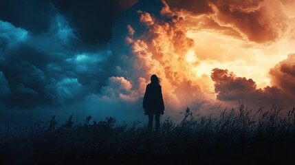 Fototapeta premium A woman stands in a field of tall grass, gazing up at a dramatic sky.
