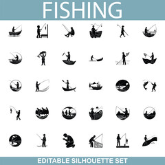 Fishing Silhouettes Editable Set of Anglers, Boats, and Gear
