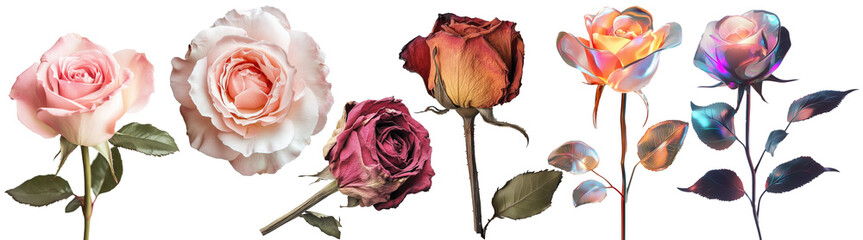 png set Evolution of Roses &ndash; Natural, Dried, and Futuristic Metallic Flowers
