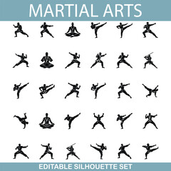 Martial Arts Editable Silhouette Set Diverse Poses and Styles