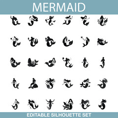 Editable Mermaid Silhouettes Diverse Poses, Black, White, Set