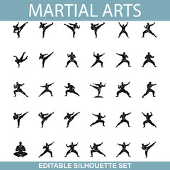Martial Arts Silhouettes Editable Vector Set of Fighting Poses