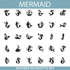 Editable Mermaid Silhouettes Ocean, Sea, Tail, Girl, Set, Icons, Graphics, Design, Black, White