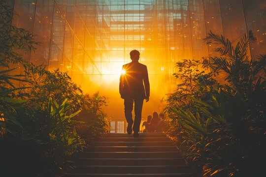 An office worker in formal wear walking up the stairs, representing career progression and a job promotion