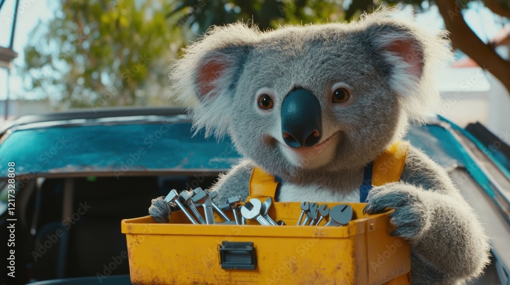 Poster a koala with a toolbox handing out wrenches to a team of animals working on a car.