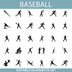 Baseball Editable Silhouette Set Players, Bat, Action, Sport, Game