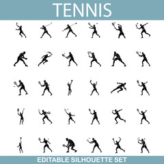Tennis Players Editable Silhouette Set Action Poses, Sports Graphics