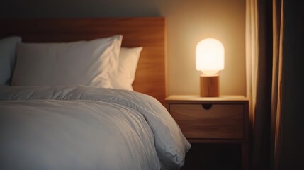 Cozy bedroom, night lamp, calm interior, peaceful sleep, home decor