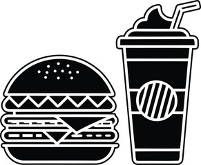 Burger and a drink line art vector, burger and a drink silhouette vector illustration, burger and a drink isolated icon design
