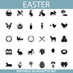 Easter Silhouette Icons Bunnies, Eggs, Birds, Spring Flowers