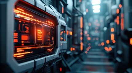 Obraz premium Futuristic Deserted Alley with Holographic Displays and Neon Lights in a High-Tech Urban Environment