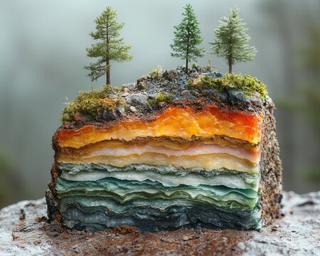 In this surreal artwork, a cake slice showcases layers that visually journey from a barren desert to a vibrant forest