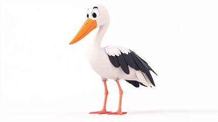 A cute cartoon stork with a large orange beak, standing with a playful pose against a white background.