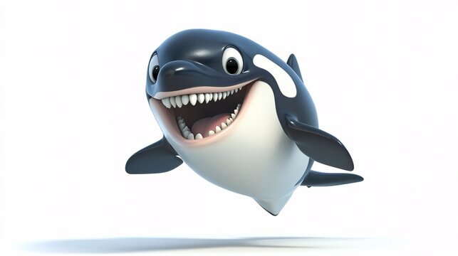 A cheerful cartoon orca whale with a big smile, showcasing its playful personality against a bright, clean background. - Powered by Adobe