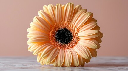 Peach gerbera daisy on marble, soft pink background.  Greeting card, website