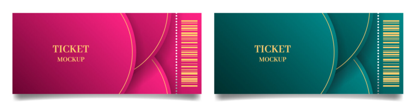 Ticket mockups with bar codes and shadows. Background template with pink and teal abstract pattern. Concert, movie or theater ticket. Lottery, sale coupon	
