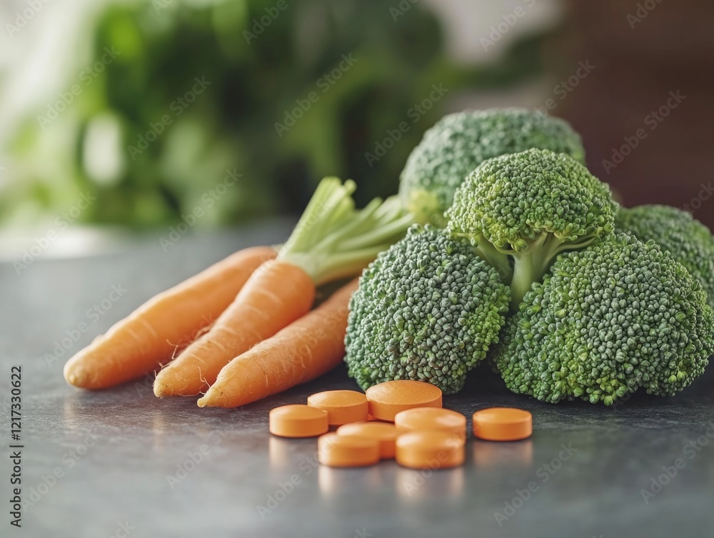 Poster a bunch of broccoli and carrots are on a table. the broccoli is in the middle and the carrots are on