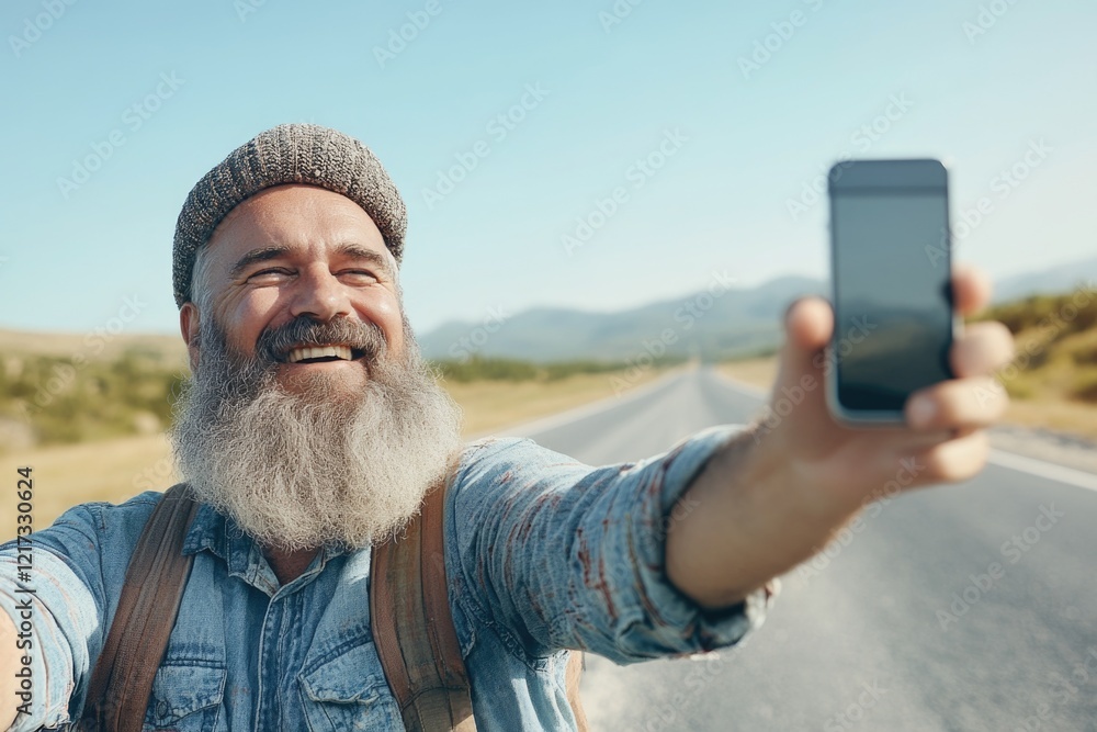 Poster a man with a beard and a hat is taking a selfie with his cell phone. he is smiling and he is happy