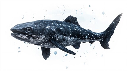 Fototapeta premium A realistic illustration of a large, black-spotted shark swimming through clear waters.