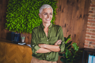 Photo of cheerful attractive lady crossed arms dressed shirt workstation standing loft interior...