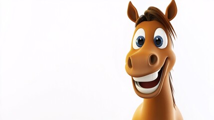 Obraz premium A cheerful cartoon horse with a big smile and bright eyes, set against a clean white background.