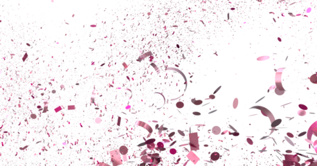 Download this festive image of pink confetti exploding on white background. Perfect for celebration designs.