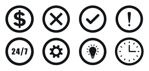 calendar icon. black and white check mark, clock, gear, dollar, bulb icon set vector silhouette. calendar website element icons