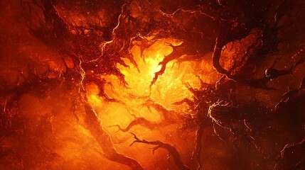 An abstract representation of fiery chaos, featuring vibrant orange and red hues amidst dark, twisted shapes.