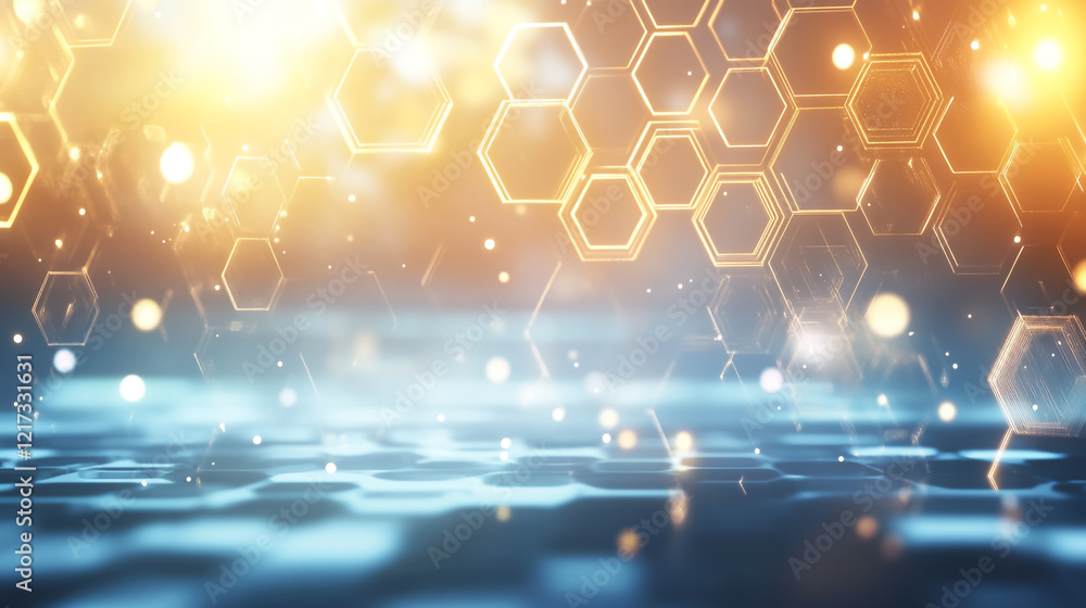 Poster abstract technology background features a striking combination of white and golden hexagons arranged