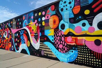 Illustration of A modern street art mural with bold dot fonts in neon colors, creating a dynamic and edgy vibe. Ai Generate.
